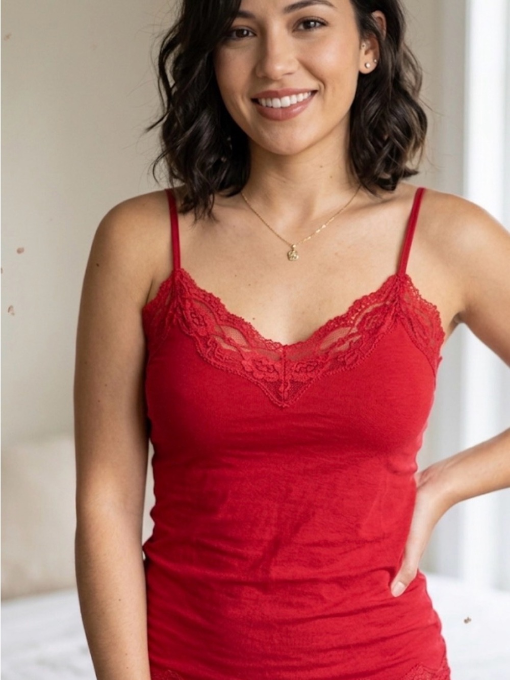 BONGO Vibrant Red Lace-Trim Spaghetti Strap Camisole